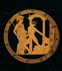 Roodfigurige schaal met Athena, Theseus en de Minotaurus